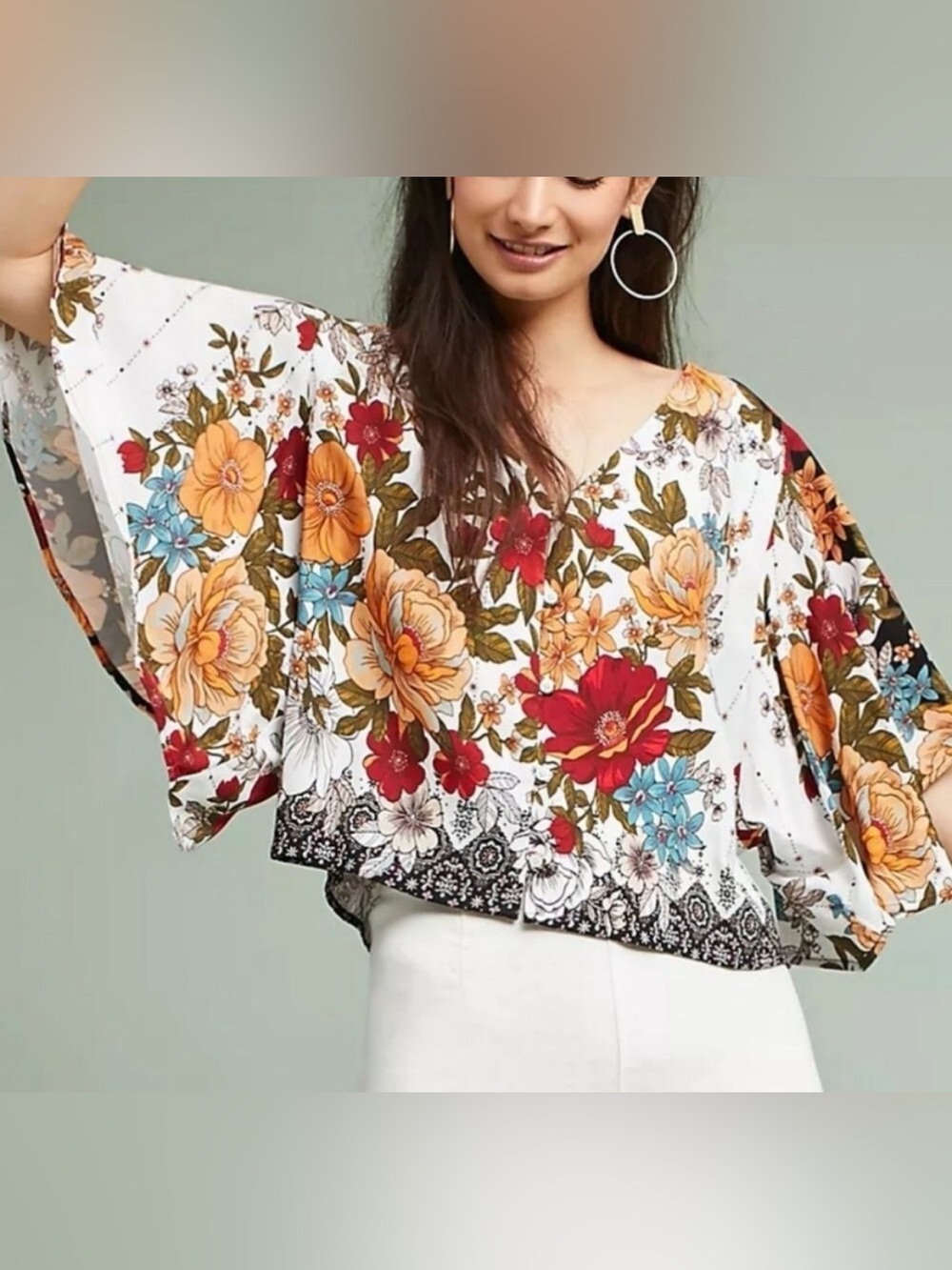 FARM Rio Reyna Floral V-Neck Flutter Kimono Sleeve Top Size Large NEW